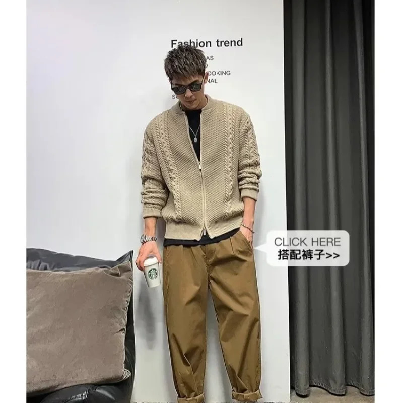 Mens knitted sweater cardigan motorcycle mens coat zipper jacket hooded sweatshirt Korean fashion 90s retro style S 250311