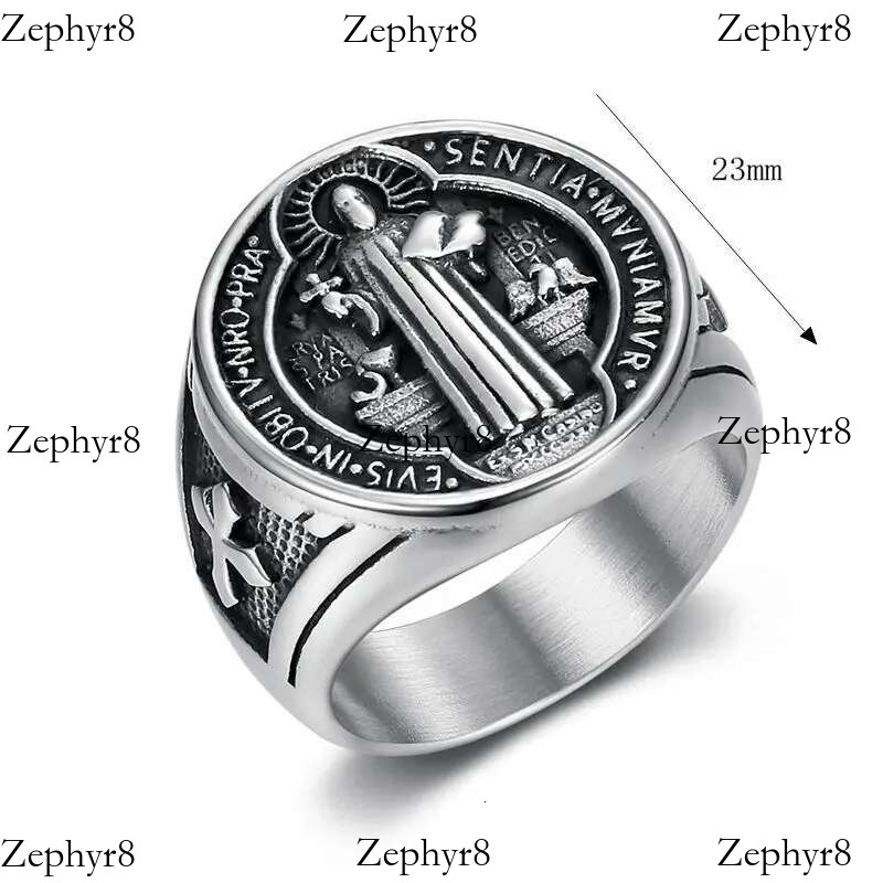 2025 New model Titanium Steel Catholic Patron Saint St Benedict of Nursia Holy Medal Cross Round Finger Rings for Men Punk Jewelry