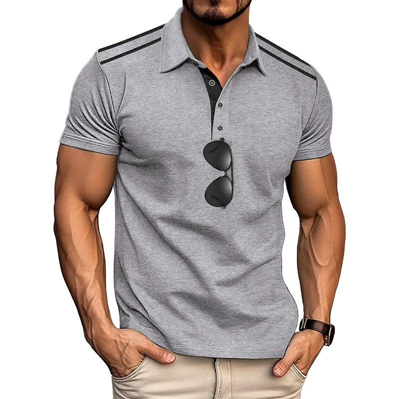 Summer T-Shirts Men's Short-sleeved Lapel Button Retro Color Matching Shirt Tshirt Shirt MALE Polyester Tops Tees Light Grey Light Blue XXXL