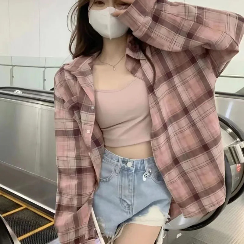 Xpqbb Pink Plaid Blouses for Women Korean Fashion Long Sleeve Check Shirt Ladies Autumn Casual Loose Single-breasted Shirts 250314