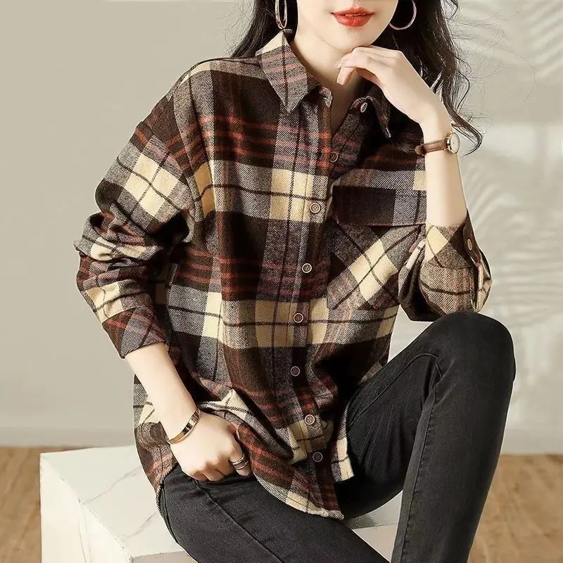 Autumn/Winter Coat Polo Neck Long Sleeve Plain Shirt Loose Casual Office Style Casual Womens Plain Coat 250314