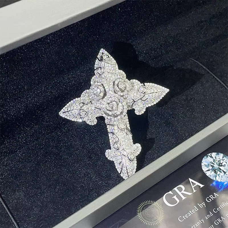 2025 Factory Custom Hot Sale Hip Hop Rose Cross Pendant 925 Silver VVS Moissanite studded Necklace Accessories