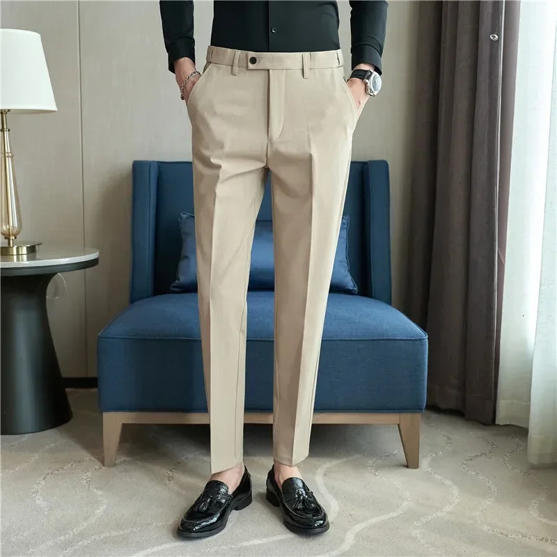 Men Suit Pants Plus Size 40 38 Autumn Solid Elastic Waist Dress Pants Men Slim Business Office Social Ankle Length Trousers 250314