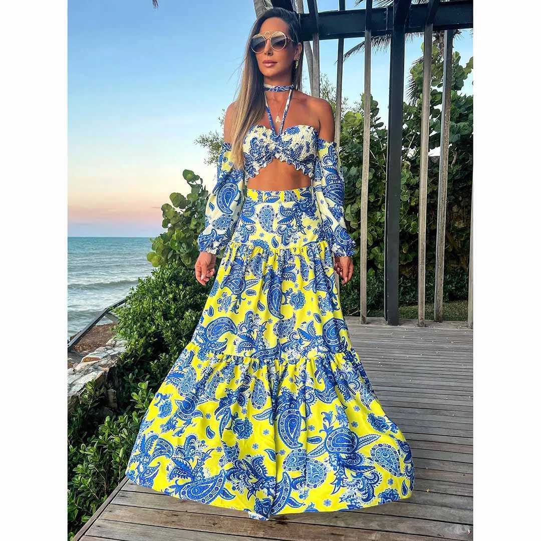 Two Piece Dress Dress For Women 2025 Printed Two-piece Elegant And Pretty Womens Dress Drawstring Halterneck Lacing Summer Long Dr Y250315LWDY