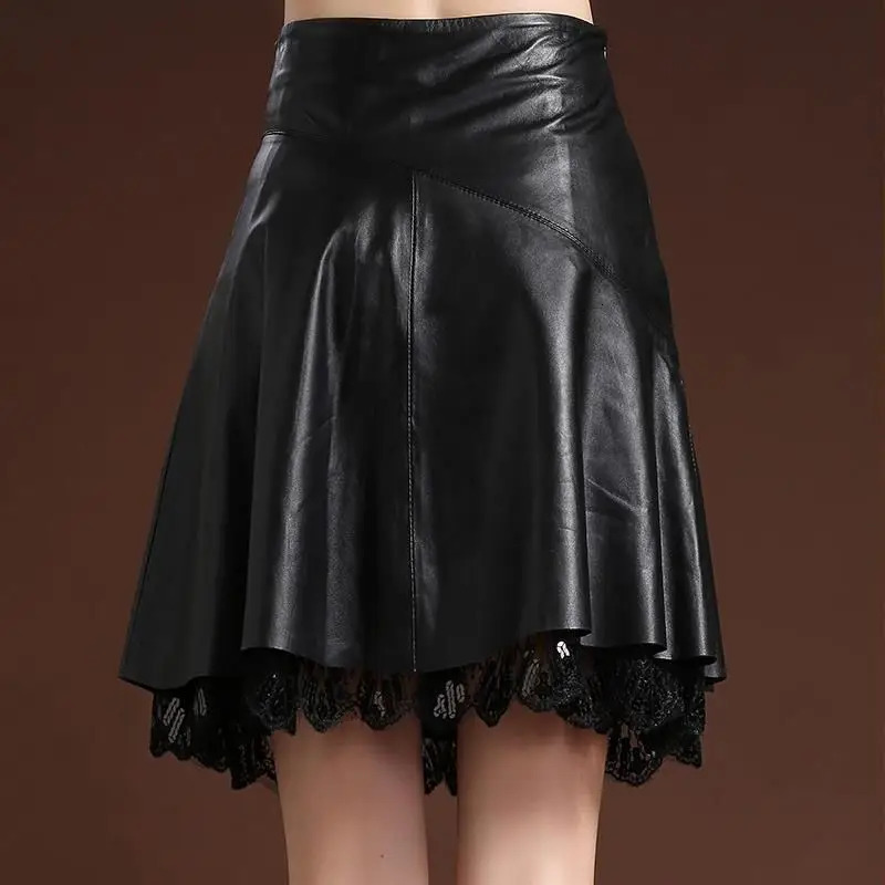 On Sale Spring Summer Women High Waist Black PU Leather Lace Skirts Casual Solid Korean Elastic Pleated Y2K Sexy Club Skirt 250312