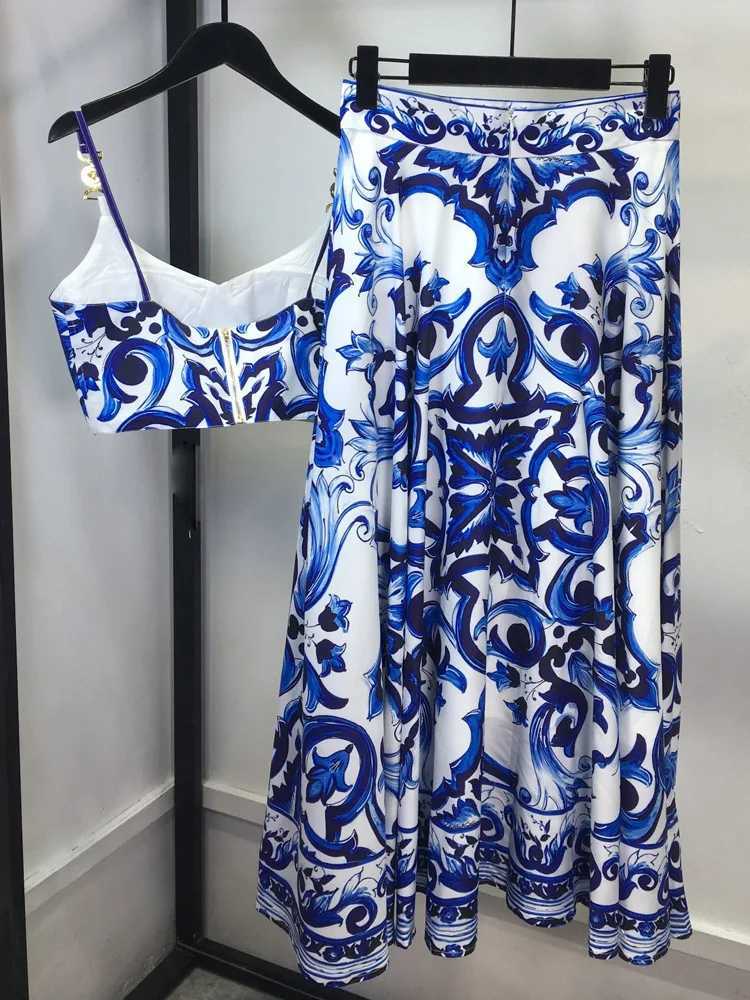 Two Piece Dress Banulin Bohemain Blue and White Ceramic Tile 2piece Set Womens spaghetti shoulder strap gold button vest topprinted long sleeved bodys