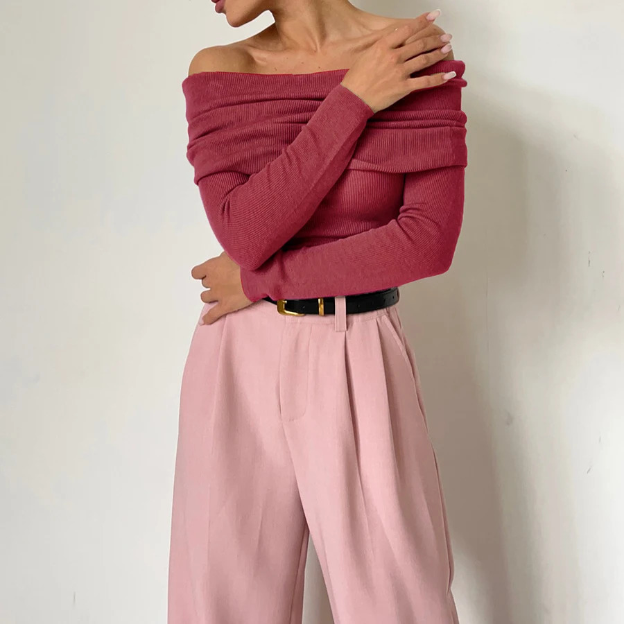2025 Arrival Women Spring Sexy Off The Shoulder T Shirts Pullovers Stretch Women Long Sleeve Slim Tops Pull Femme 250314