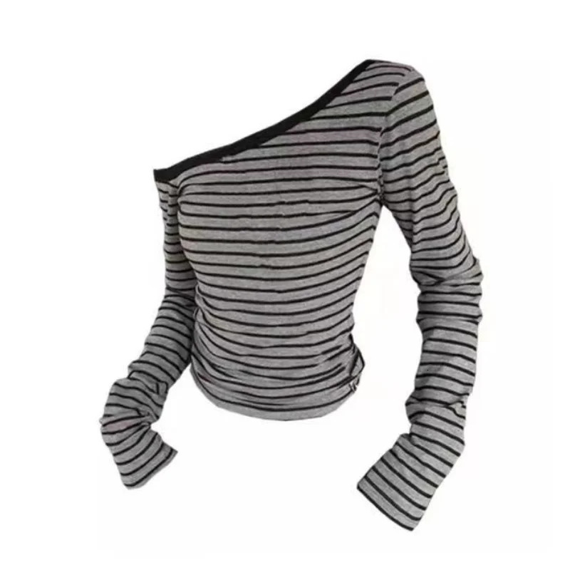 Spring and Autumn Womens Style Japanese Basic Ultra Thin Long Sleeve Striped T-shirt Strapless Korean Street Style Y2K Thin Top 250314