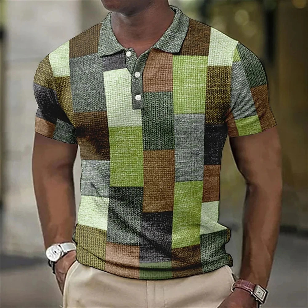 Mens Polo Shirt Striped Plaid Print Vintage 3D Summer Button Down Collar Casual Short Sleeve Oversized Tops Clothes 250312