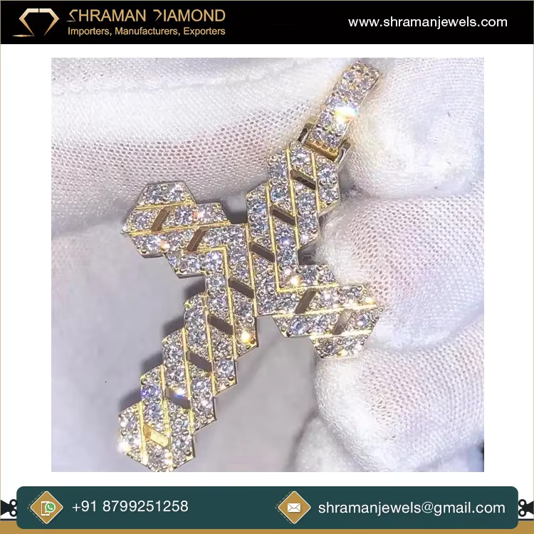 Custom VVS Moissanite Diamond Cuban Cross Pendant Necklace Women 925 Sterling Silver Hip Hop Moissanite Cross Pendant for Men