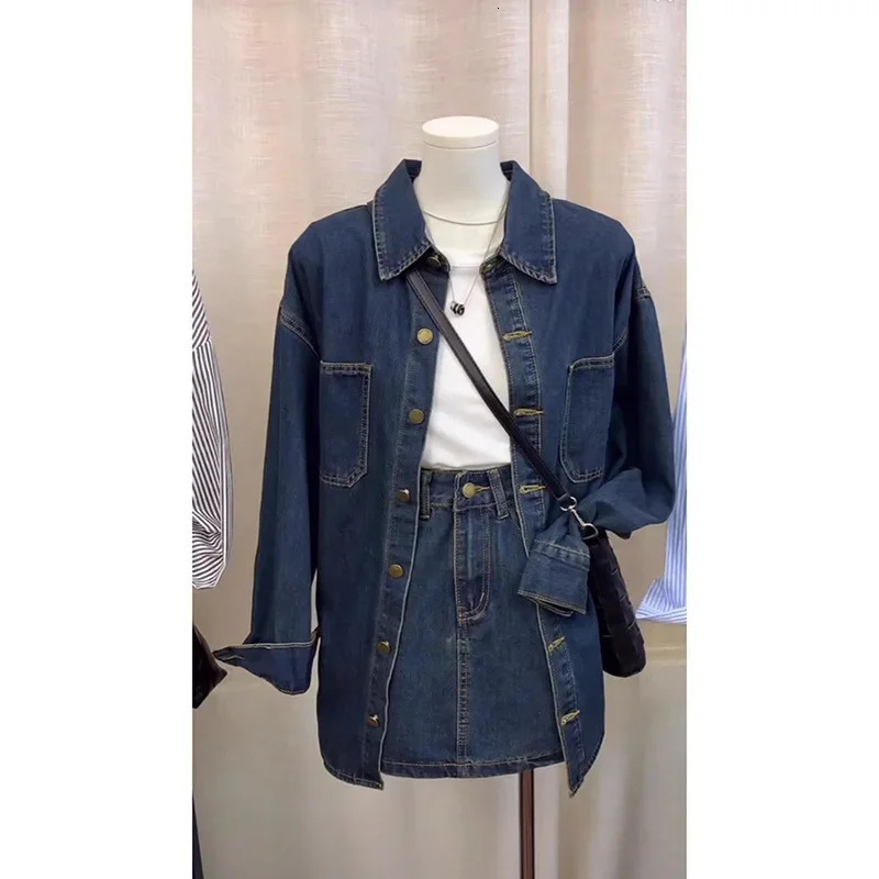 2024 Early Autumn Style Korean Vintage Casual SingleBreasted Denim Shirt Jacket HighWaisted Skirt 2Piece Set For Women 250312
