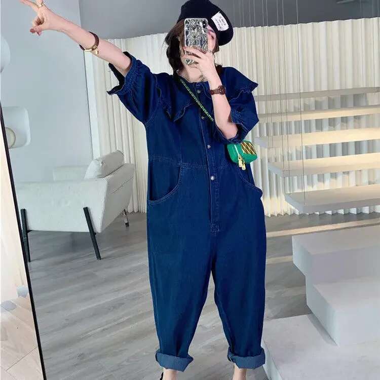 2025 new denim jumpsuit designer fashion doll collar solid color full-length high waisted loose fitting women's jumpsuit4
