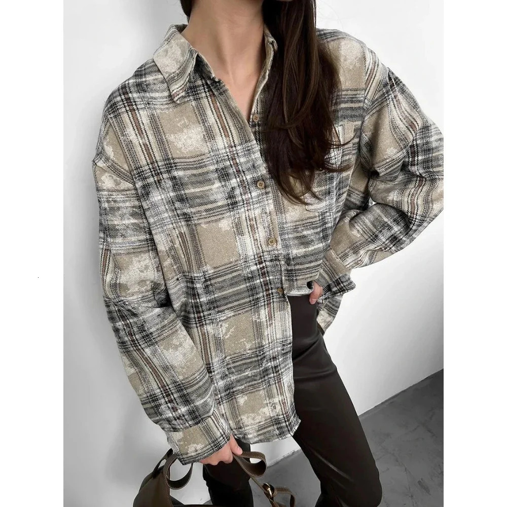 Zekye Spring Womens Shirt Distressed Plaid Blouses Grey Casual Cotton Long Sleeve Blouses Office Womens Loose Shirt Y2k 250314