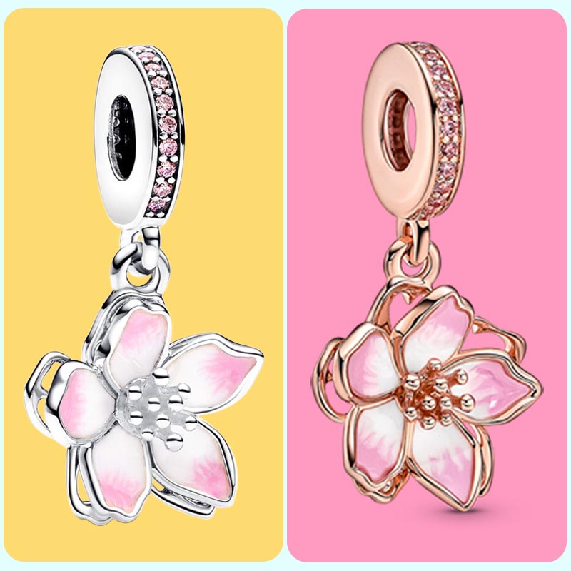 Cherry Blossom Dangle Charm 925 Sterling Silver For Women designer jewelry Bracelet Necklace Pendant Rose Gold Charms with Retail Box Free Shipping Gift Wholesale