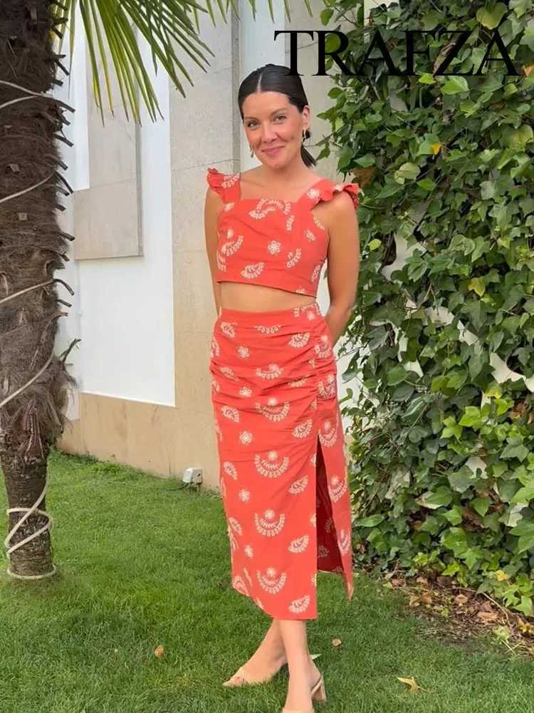 Two Piece Dress TRAFZA Summer Fashion Womens Printed Slvel Bohemian Style Short Sling Top+Elastic Waist Side Zipper Split Strapless Y250315UN16