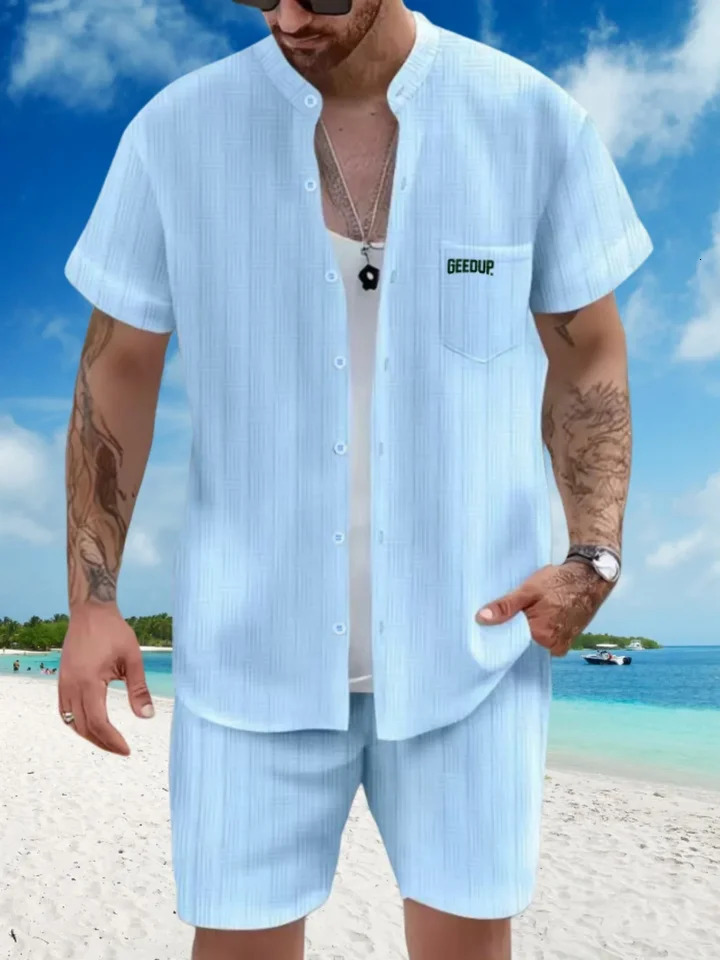Mens casual beach short sleeved set summer fashion stand collar pocket loose shirt two-piece set 250314