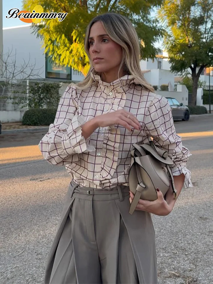 Fashion Contrasting Plaid Single-breasted Womans Shirt Casual Stand Collar Flare Long Sleeve Blouse Lady Office Streetwear 250314
