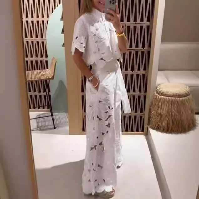 Women's Two Piece Pants Autumn fashion lace two-piece set for womens casual solid lace top wide leg pants two-piece set for women Y250315NZBO