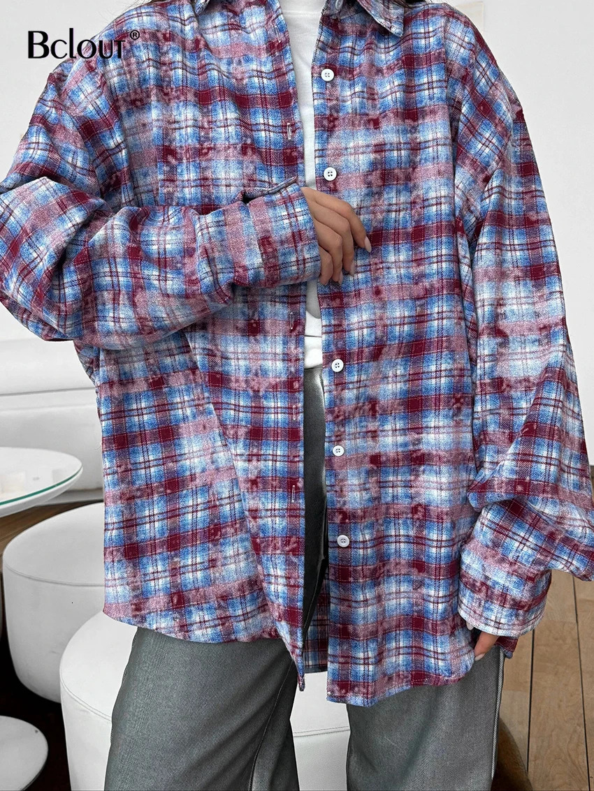 Bclout Fashion Plaid Purple Shirts Blouses Women Casual Cotton Long Sleeve Shirts Spring Loose Blouses Coats Streetwear Top 250314