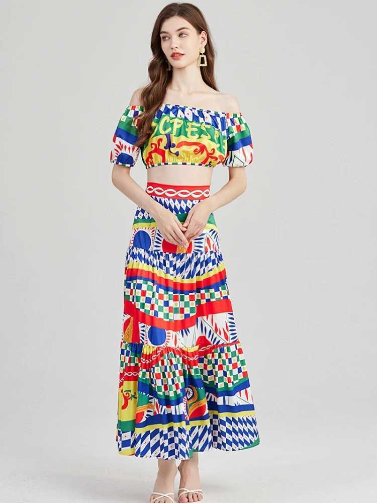Two Piece Dress JAMERARY Summer Holiday Print Letters Two Piece Suits Womens Sexy Slash Neck Shoulder Off Crop Top + Plaid Long Maxi Skirts Set Y25031