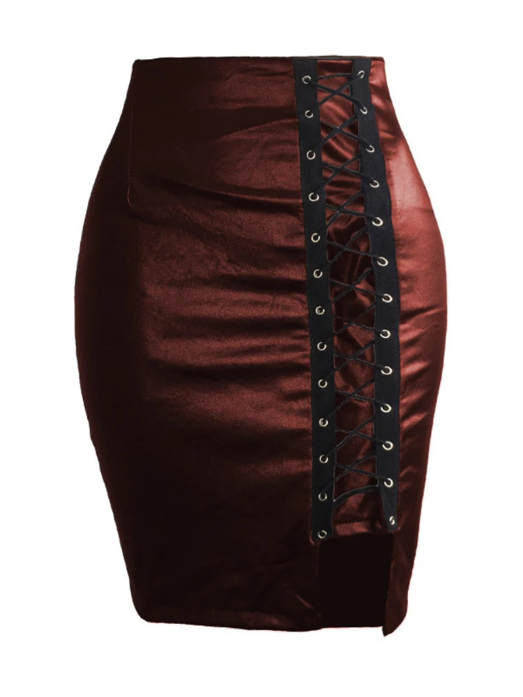 Sexy PU Leather Cross Bandage Split Mini Skirt Women Highwaist Slim Skirts Office Lady Bodycon Club Party 250312