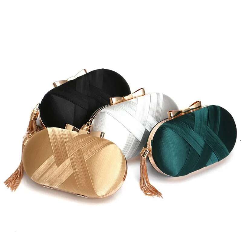 Emerald Tassels Evening Bag Women Elegant Tail Party Clutch Purse Solid Color Gold Metal Frame Woven Sac Main Mariage
