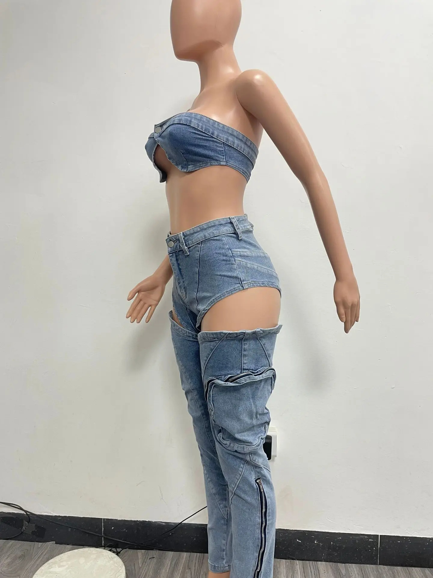 Hollow denim jeans pants set sexy womens elegance two-piece denim club matching set 250314