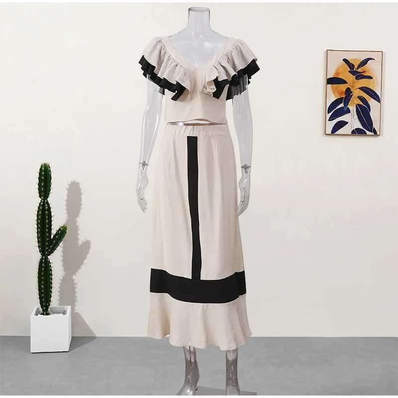 Two Piece Dress Elegant Contrasting High Waist Midi Skirt Suit Women Patchwork V Neck Backl Ruffles Crop Top 2 Pieces Set Summer Lady Outfits Y250315W