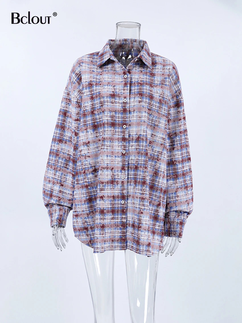 Bclout Fashion Plaid Purple Shirts Blouses Women Casual Cotton Long Sleeve Shirts Spring Loose Blouses Coats Streetwear Top 250314