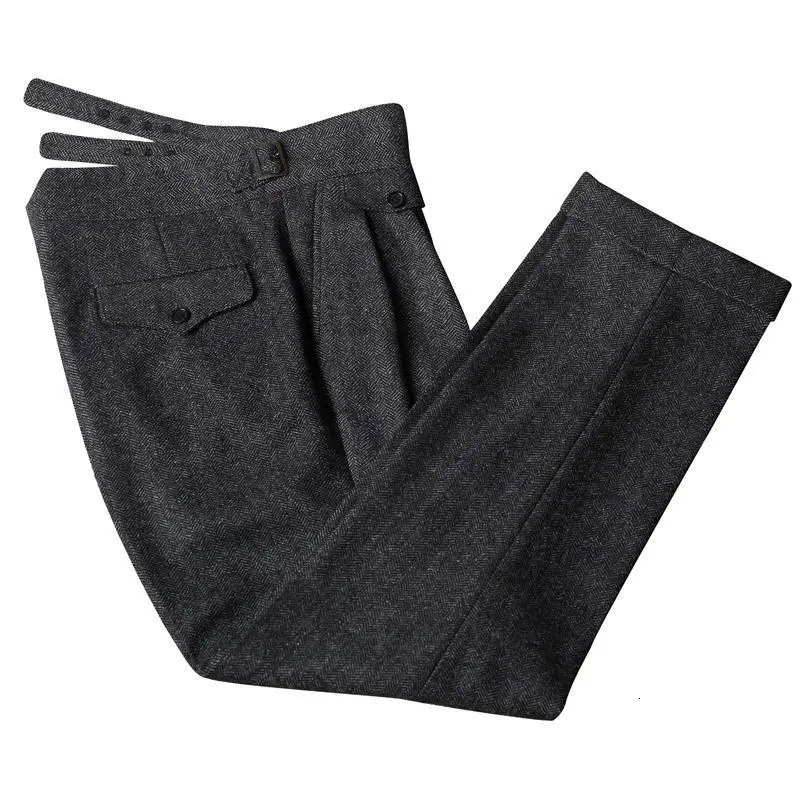Autumn Winter Woolen Business Suit Pants Men High Waist Streetwear Casual Herringbone Straight Suit Pants Q20 250314