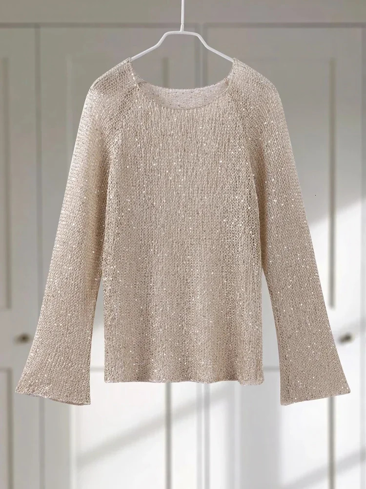 Fashion Hollow Out Sequins Tops Women Loose O-neck Long Sleeve Thin Knit Pullover Female 2025 Summer Chic Street Shinny T-shirt 250314