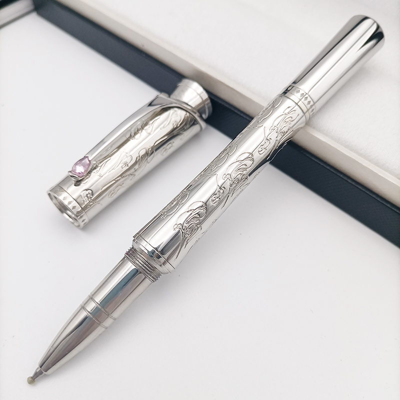 2026--wholesale Promotion Pen Grace Kelly Silver Carving Rollerball Ballpoint Pen With Teardrop Shape Diamond Stone Clip Writing Smooth Great Actress