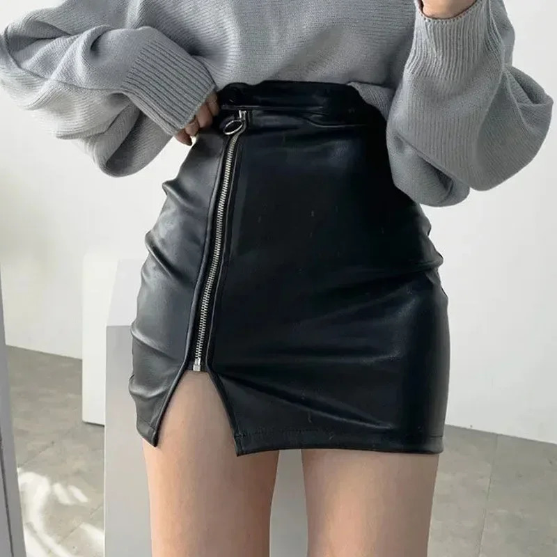 Leather womens Korean fashion high waisted Aline ultrathin split zipper retro sexy mini leather autumn streetwear 250312