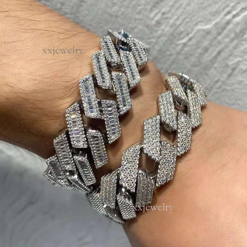 Hip Hop Jewelry Style 15mm 20mm Sterg Sier Round Baguette VVS Dia Iced Out Moissanite Cuban k Chain