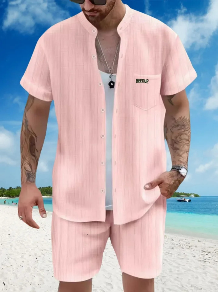 Mens casual beach short sleeved set summer fashion stand collar pocket loose shirt two-piece set 250314