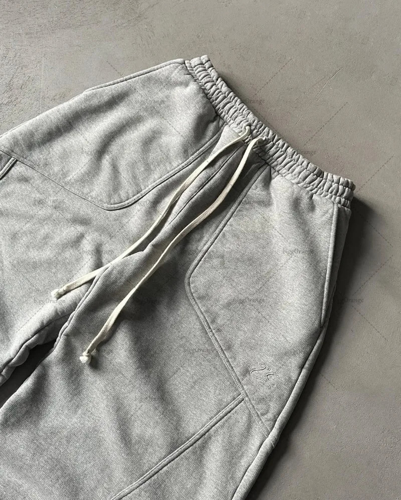High Street Trendy Streetwear Trousers Retro y Spliced Wideleg Sweatpants Men Drawstring Gray Casual Pants Women 250314