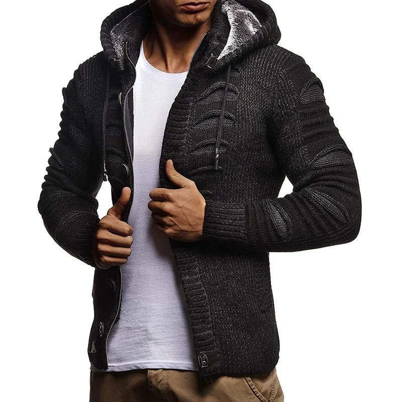 Mens Hooded Singlebreasted Knitted Cardigan Coat for Autumn and Winter 2024 European American Style Fashion S3XL 250311