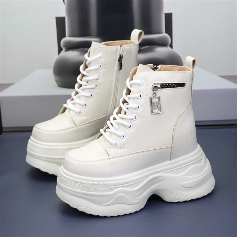 10cm 12cm Ankle Boots Platform Women Microfiber Leather Short Boots Round Toe Height Increasing Thick Sole Ladies Shoes Handmade 250310