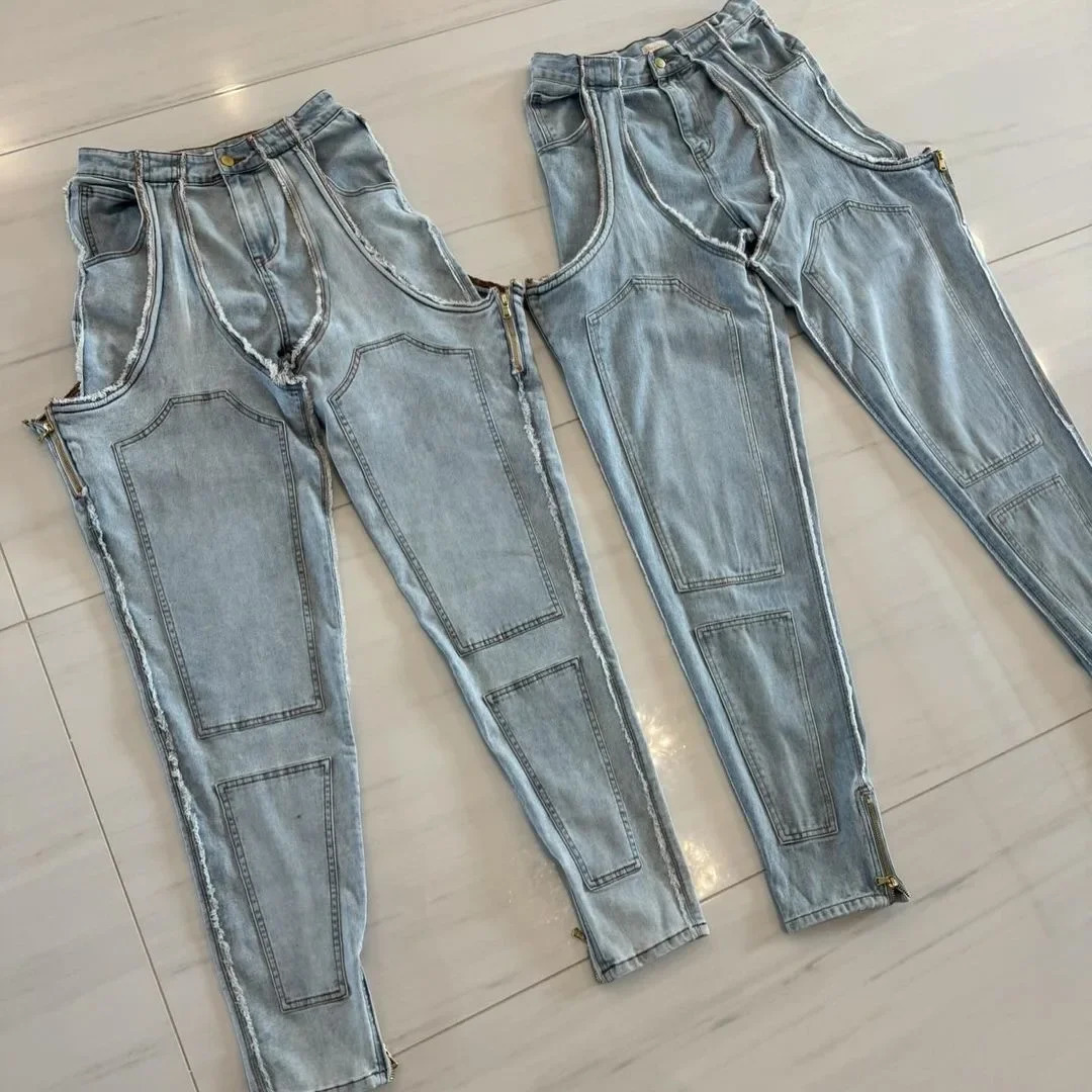 Jeans Women Hollow Out Straight Pants High Strecth Zipper Fly Irregular Ankle Length Trousers Female Streetwear Denims 250314