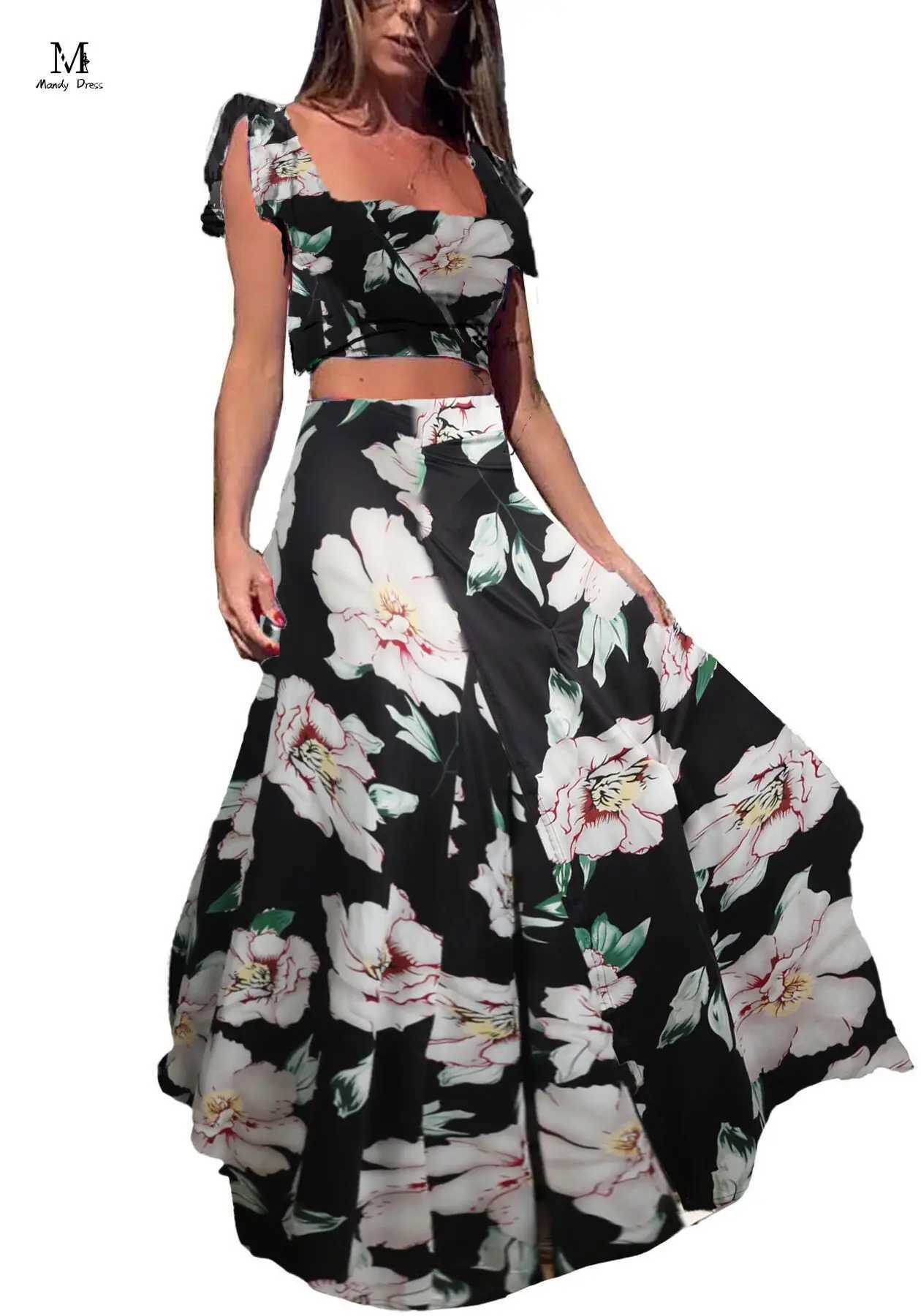 Two Piece Dress Elegant womens two-piece skiing set with floral print vest ultra-thin suitable for beach wear summer casual bohemian style 2-piece set