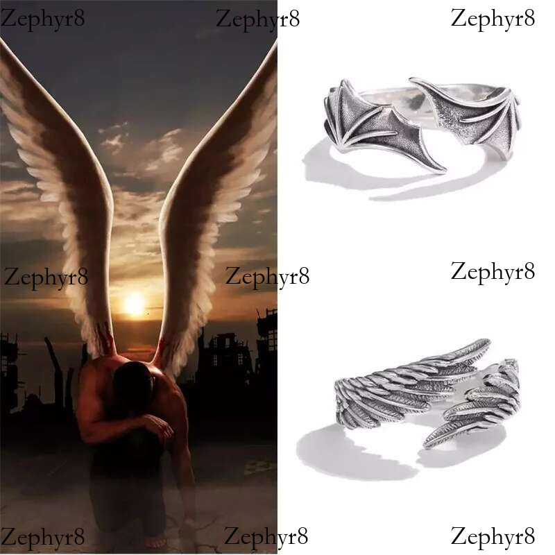 2025 model 2pcs/pack Vintage Angel Wing Demon Eye Hip Hop Adjustable Couples Rings for Men Women Retro Sier Color Jewelry New