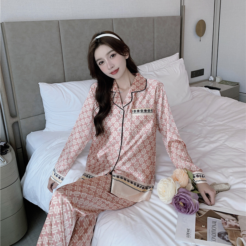 B784-Spring ice silk pajamas for women with fixed-point plaid print long-sleeved trousers two-piece suit plus-size cardigan home clothes suit