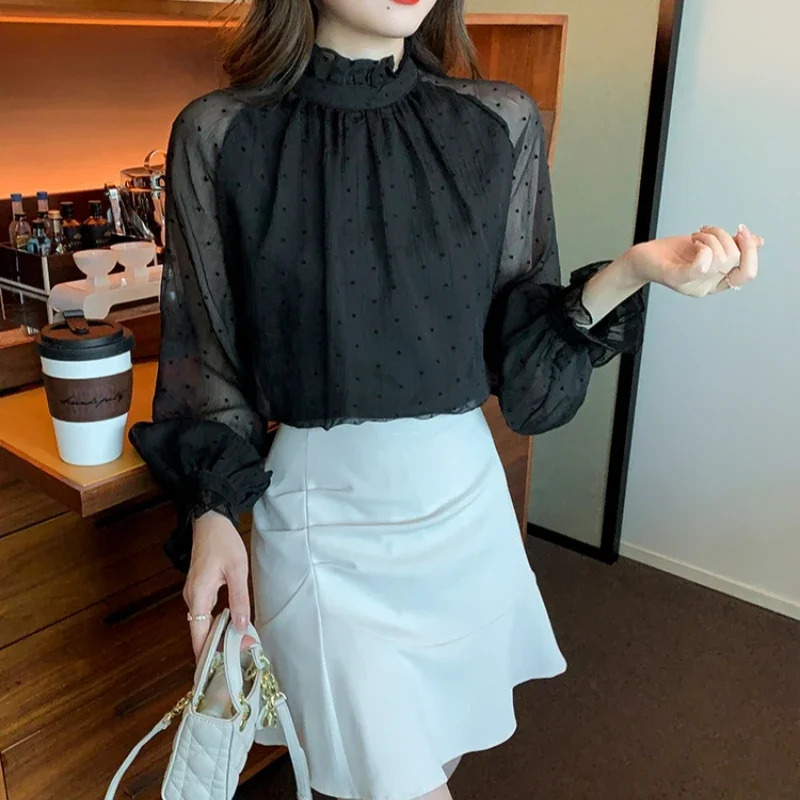Spring Summer Vintage Black Mesh Womens Blouse 2025 Chiffon Stand Collar Long Sleeve Korean Office Shirts Female 250312