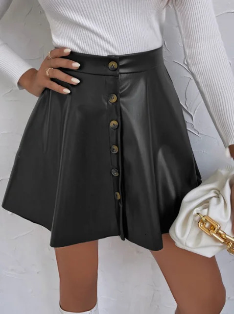 Single Breasted Faux Leather Skirt Vintage Swing Aline For Spring Fall Womens Clothing 250312