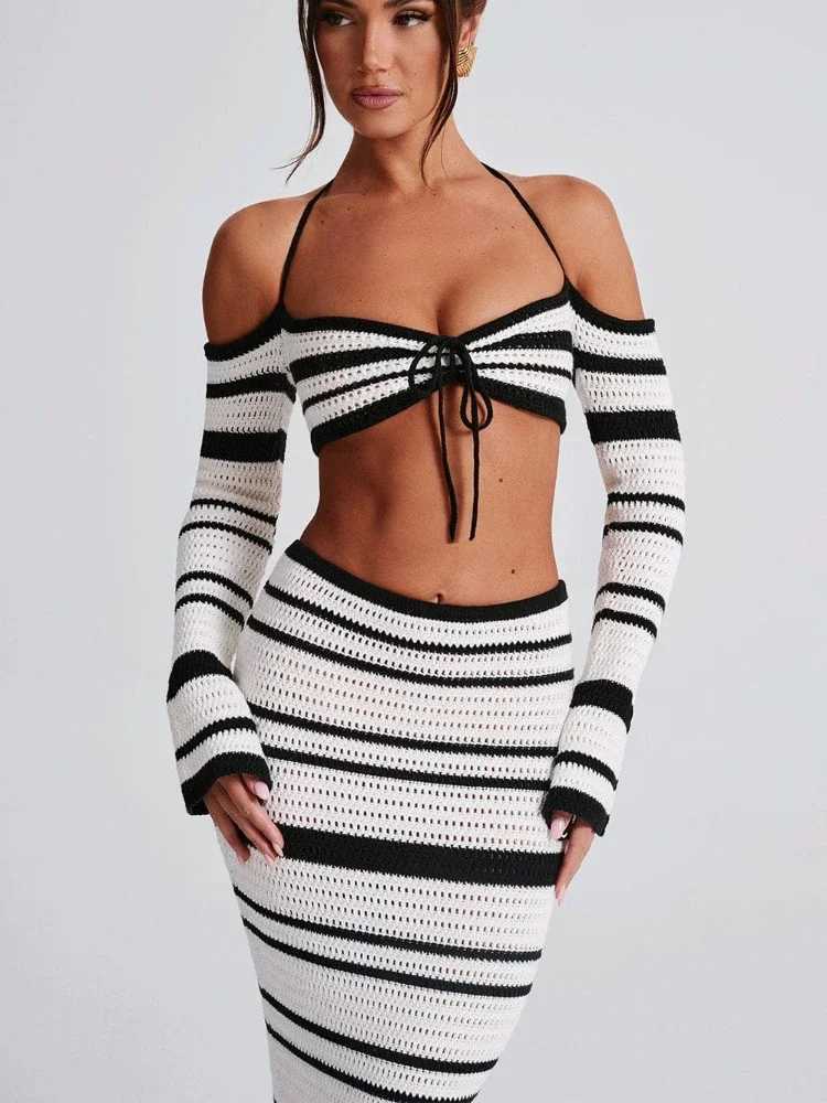 Two Piece Dress Summer New Fashion Womens 2 Piece Skirt Outfits Halter Neck Knit Striped Tops Long Skinny Skirt Casual Beach Vacation Set Y250315DDDY