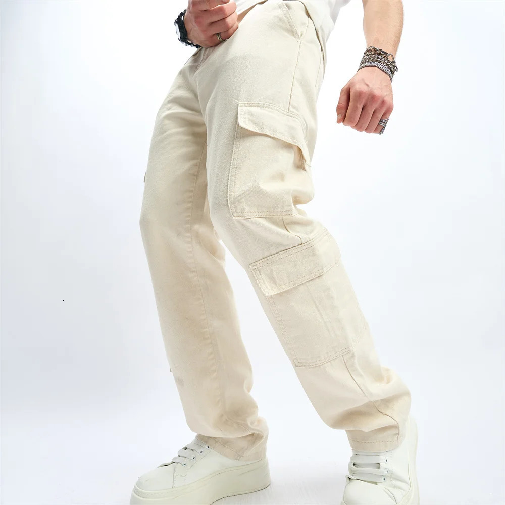 Streetwear Men Multiple pockets Cargo Loose Jeans Trousers Good Quality Male Stylish Straight Casual Denim Pants 250312