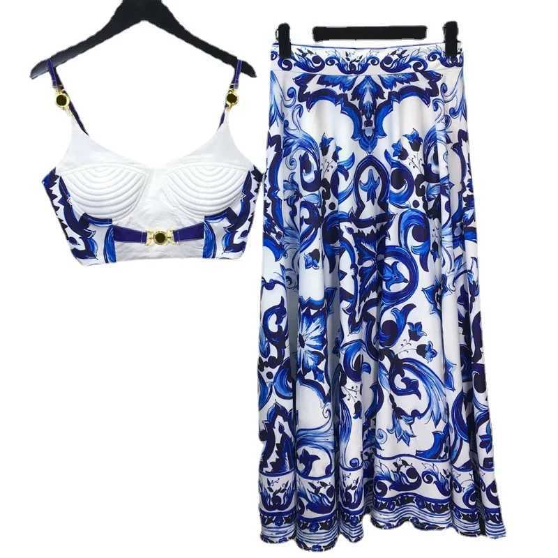 Two Piece Dress Banulin Bohemain Blue and White Ceramic Tile 2piece Set Womens spaghetti shoulder strap gold button vest topprinted long sleeved bodys