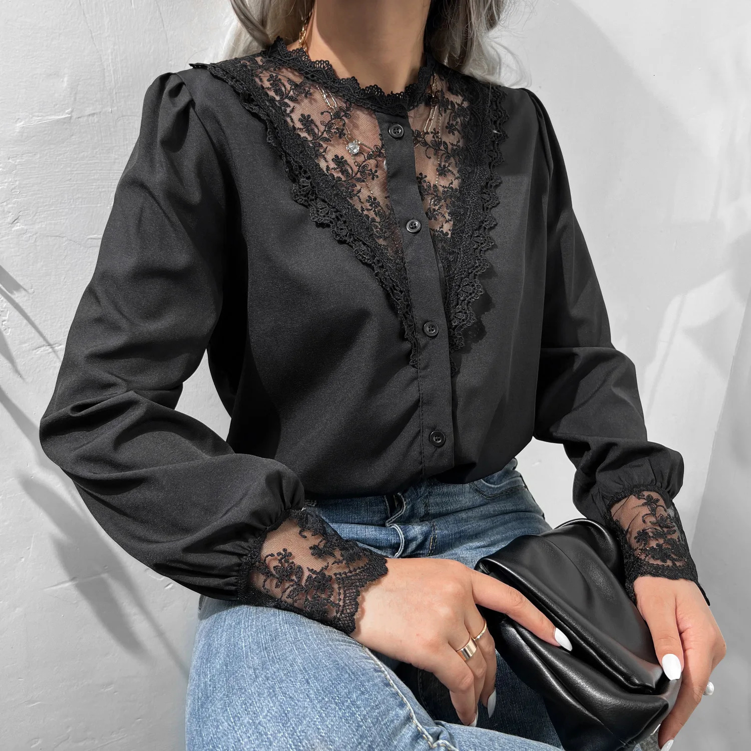 Spliced Lace Seethrough Neck Top Lantern Sleeves Long Sleeved Black OL Trend Casual Shirt And Blouse Women Clothes Elegant 250312