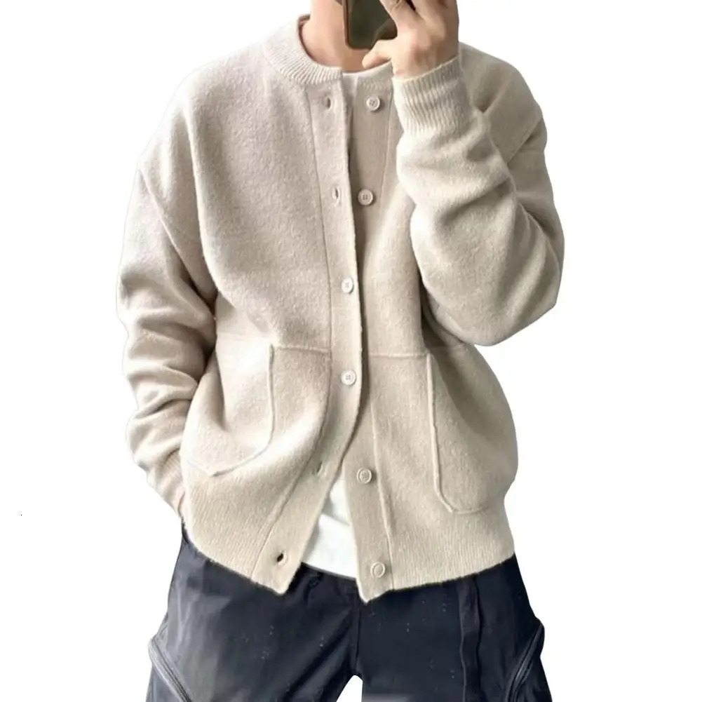 Mens Knitwear Round Neck Long Sleeves Singlebreasted Pure Color Cardigan Knit Coat Loose Daily Wear School Sweater Jacket 250311