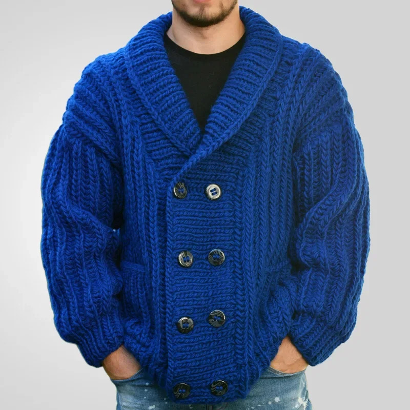 Mens Cardigan Open Stitch Sweaters Coat Turn Down Collar Double Breasted Knitted Solid Casual Loose Knit Coats Autumn Winter 250311